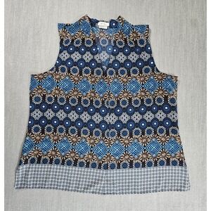 Van Heusen Blue Beige Geometric V-Neck Sleeveless Blouse XXL 100% Polyester